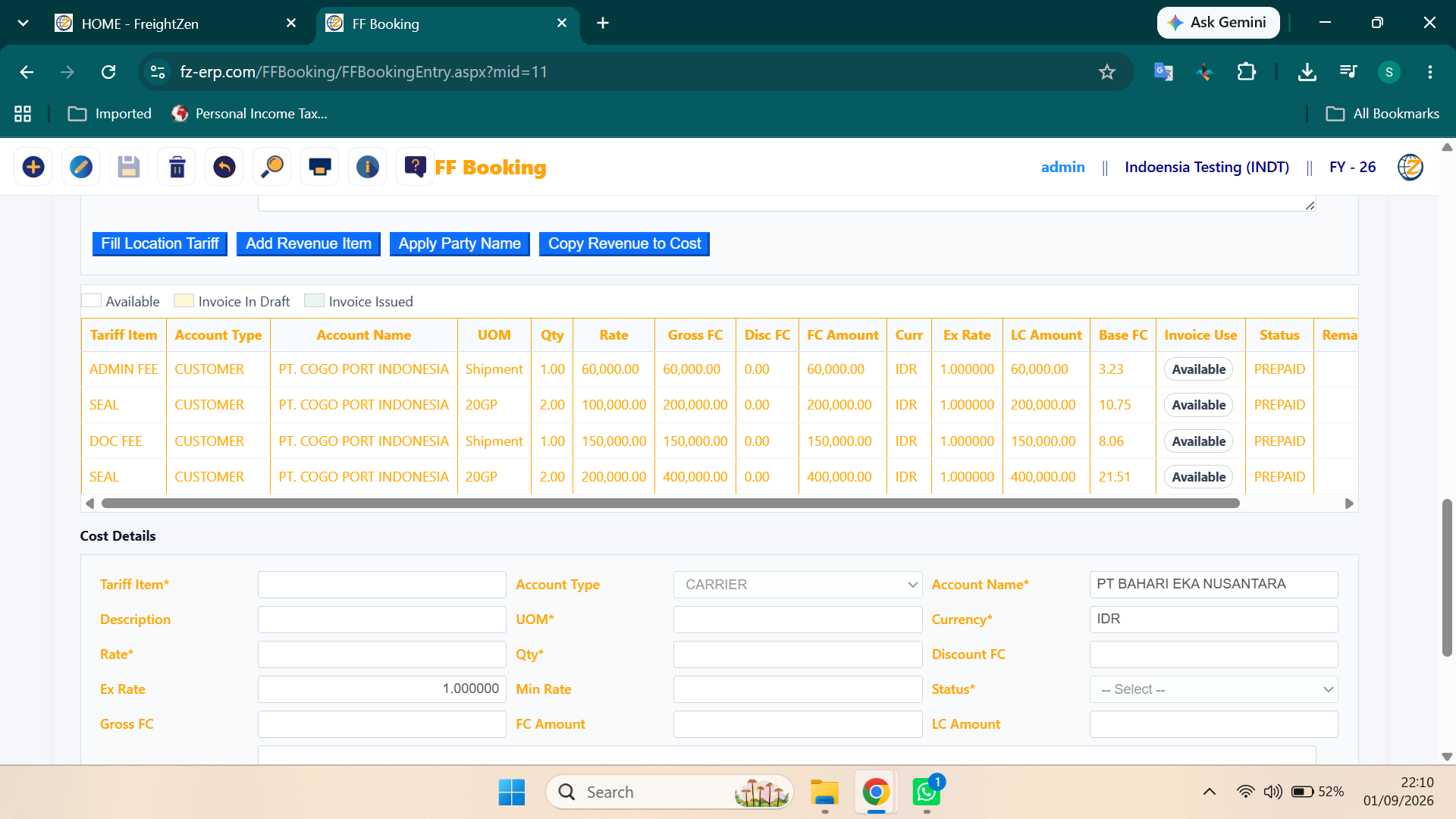 FreightZen booking cost revenue